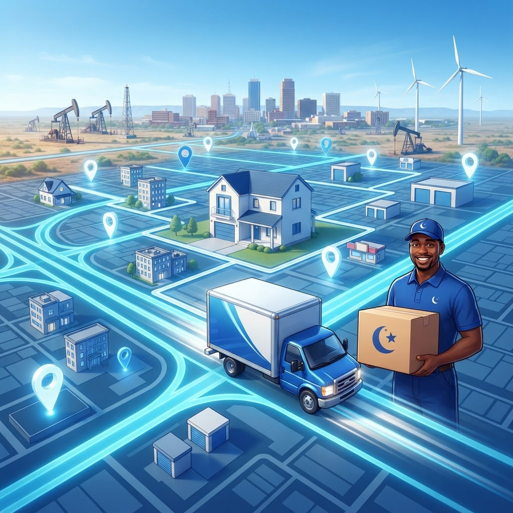 Aerial GPS-style illustrated map of Midland, Texas with glowing roads, location pins, a blue and white Pawsitive888 moving truck, a smiling mover in a blue uniform holding a moving box, a modern house, the downtown skyline, oil derricks and wind turbines