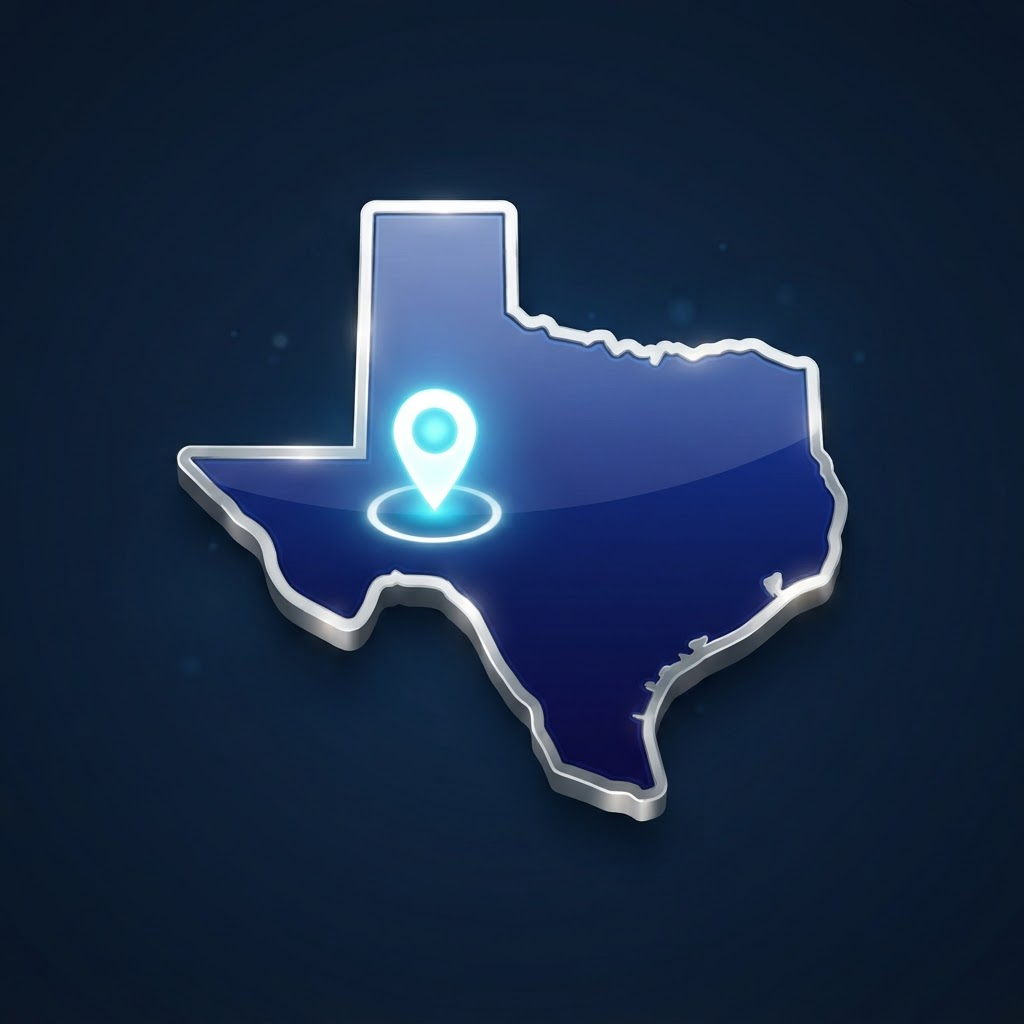 Outline of Texas with a glowing location pin marking Midland